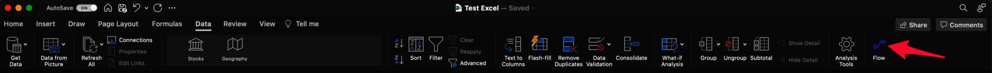 The Microsoft Flow for Excel is installed and it's displayed in the menu