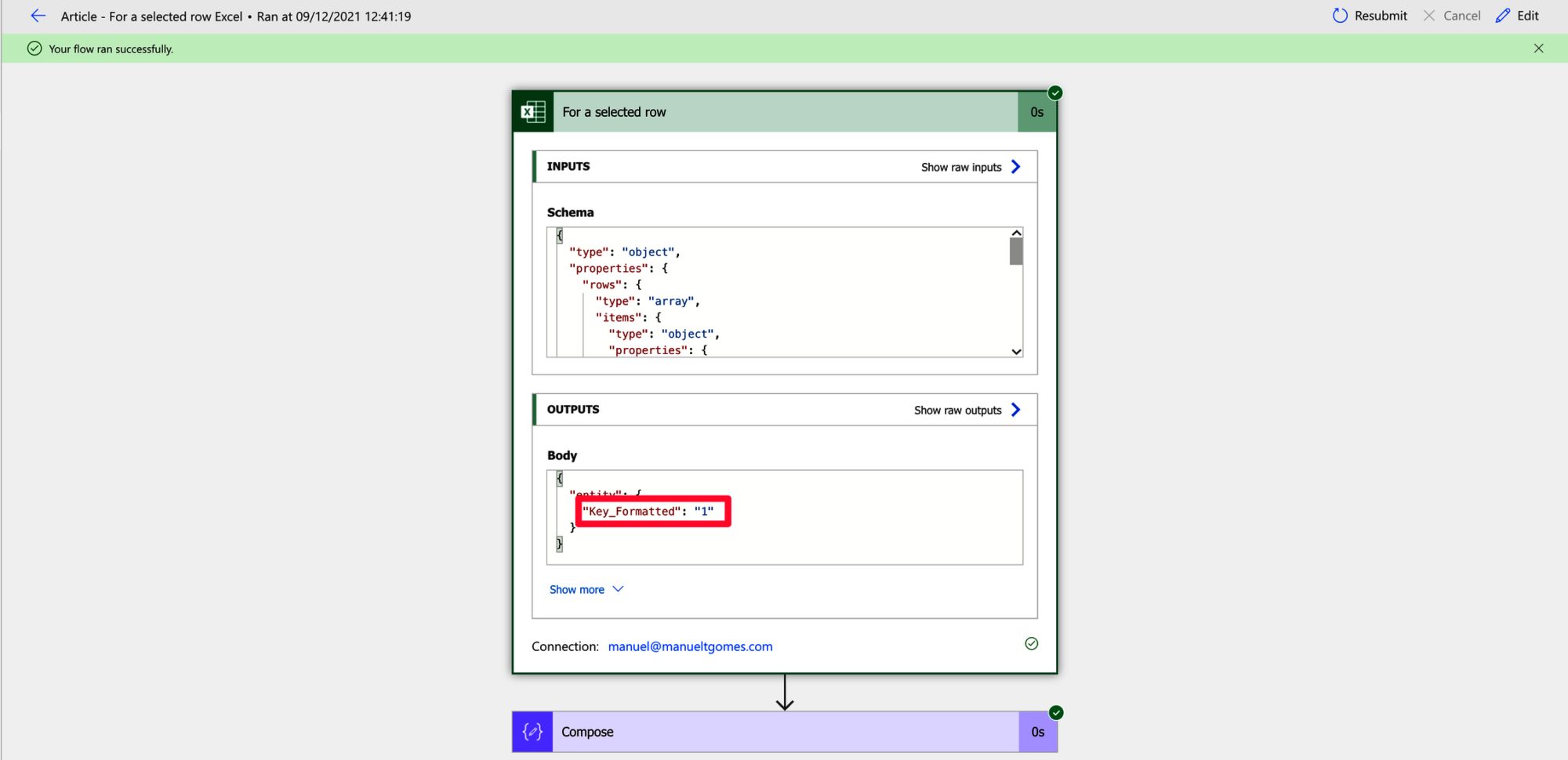 Result of the run after we trigger the Flow in Excel using Microsoft Flow for Excel add-in.