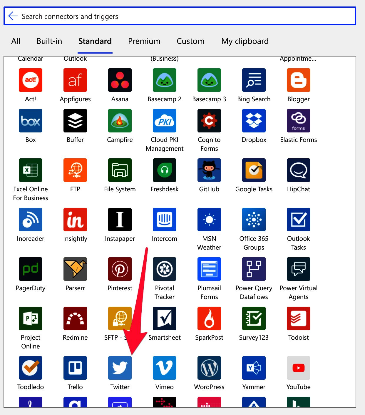 Twitter connector from the list of all available connectors in Power Automate