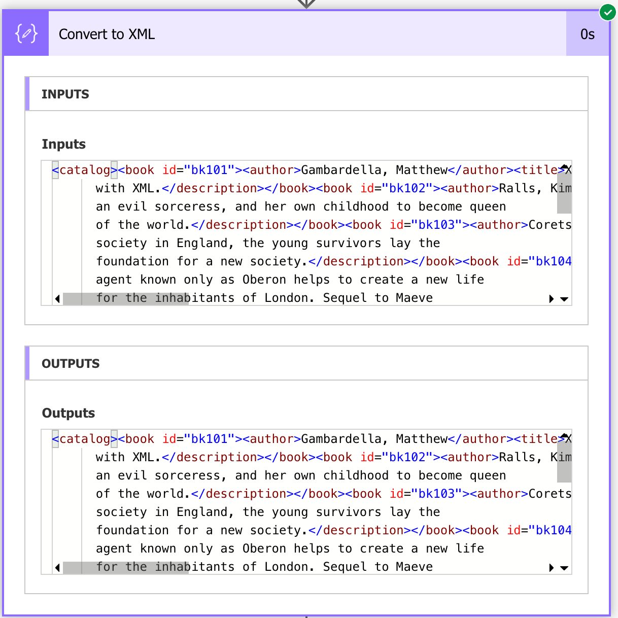 The result of the XML function while converting an XML text into an XML document. Visually it looks the same, but it's not.